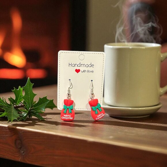 Handmade Christmas Gift Bag Earrings | Polymer Clay Holiday Jewelry - Picture 2 of 12